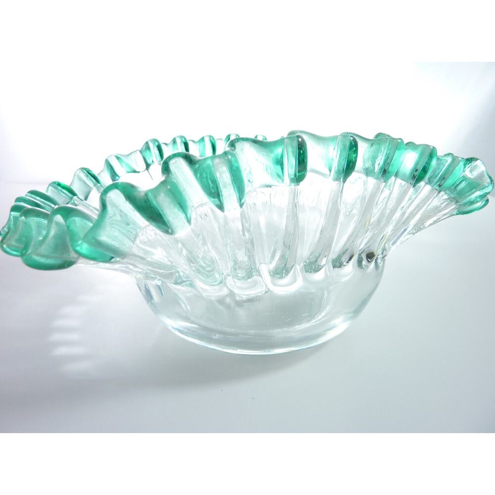 Vintage Clear Blown Glass Bowl Green/Blue Edge Trim Scalloped Ruffle Mermaid - Picture 8 of 8